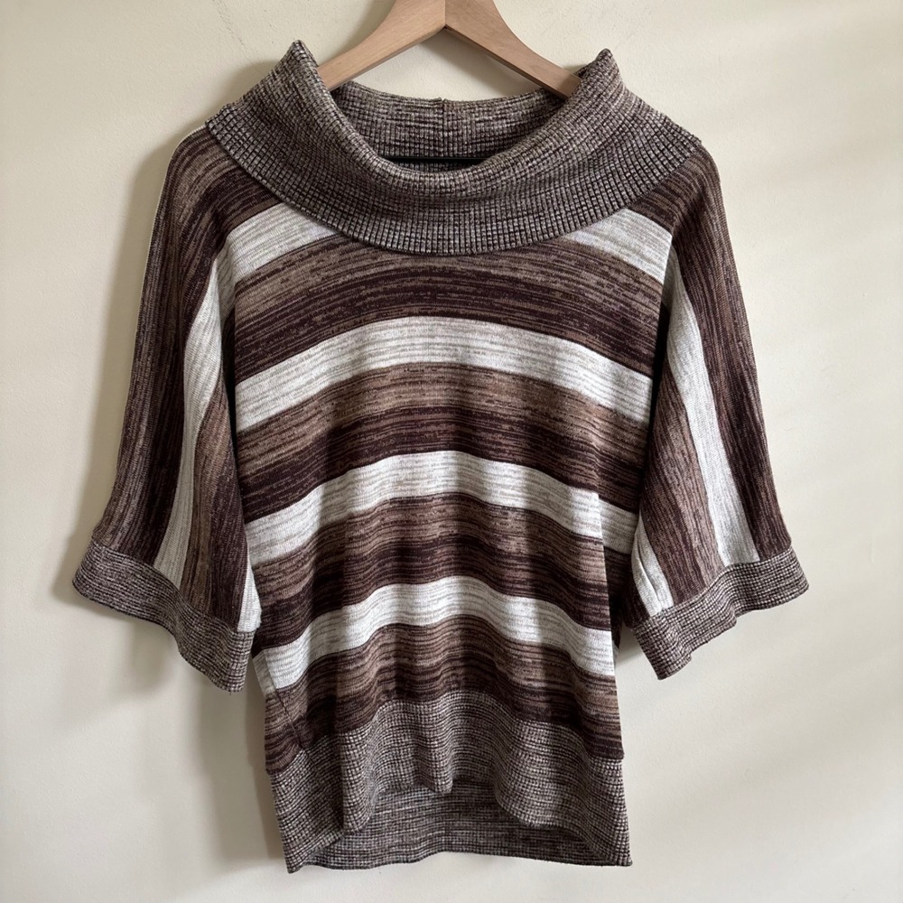 AGB Brown Striped Cowl Neck Short Sleeve Knit Sweater Large